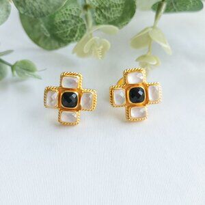 Julie Vos Savoy Gold Clear Crystal & Black Obsidian Stud Earrings